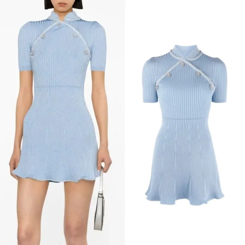 2023 Spring Summer Women Blue Knit Mini Dress New Chinese Style Stand Collar High Waist Slim Thread Knitted Short Dresses