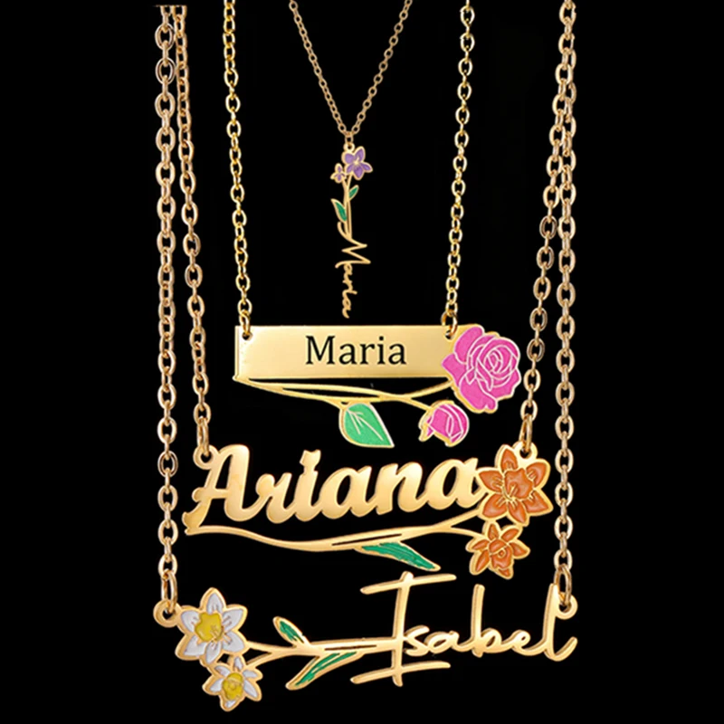 

Персонализированное именное колье с цветком на заказ для женщин, из нержавеющей стали, с гравировкой, подвеска-шарм с цветком по месяцу рождения, ювелирное украшение