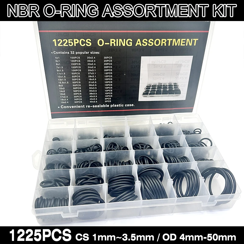 

Комплект уплотнительных колец из нитриловой резины, 1225 шт., CS, наружный диаметр 1-3,5 мм, 4-50 мм, прочное уплотнительное кольцо для автомобильных двигателей, промышленное и гидравлическое использование