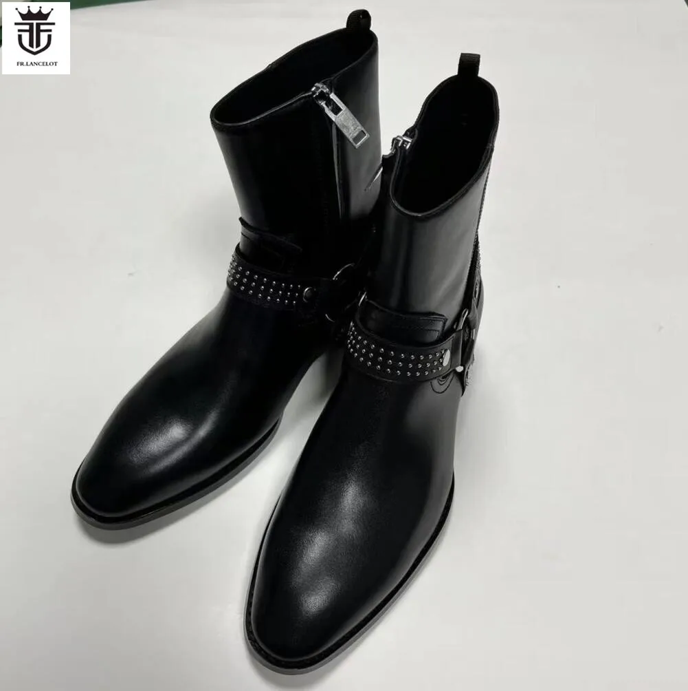 Fashion mens Black real leather boots side zip ankle booties beading stud male party shoes point toe men boots thick heel