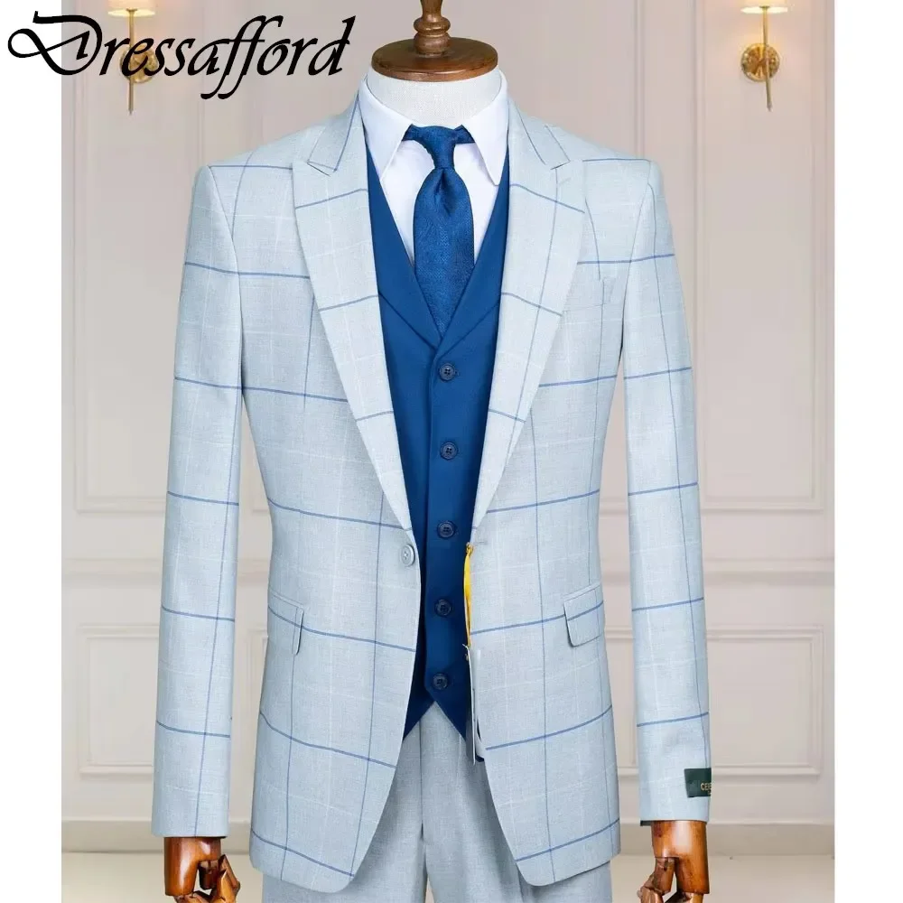 Simple Lattice Evening Party Men Suits Three Pieces Blazer Groom Wear ( Jacket + Vest + Pants )