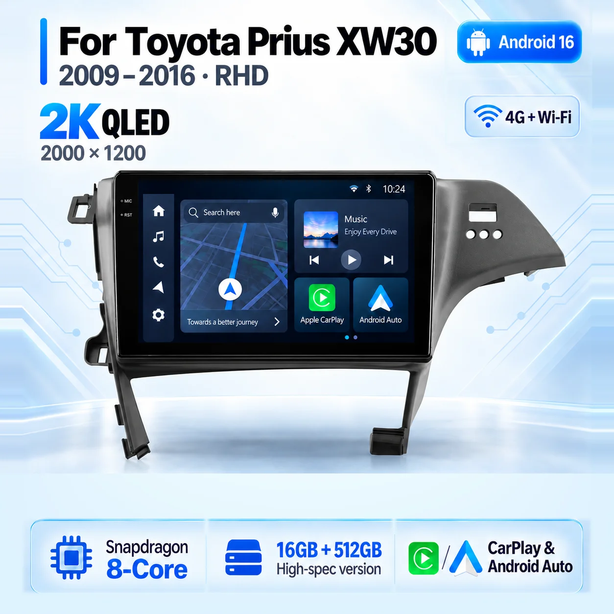 Android 16 Carplay DSP WIFI+4G Car Radio Multimedia Player For Toyota Prius XW30 2009-2016 RHD Autoradio Stereo 2din Head Unit