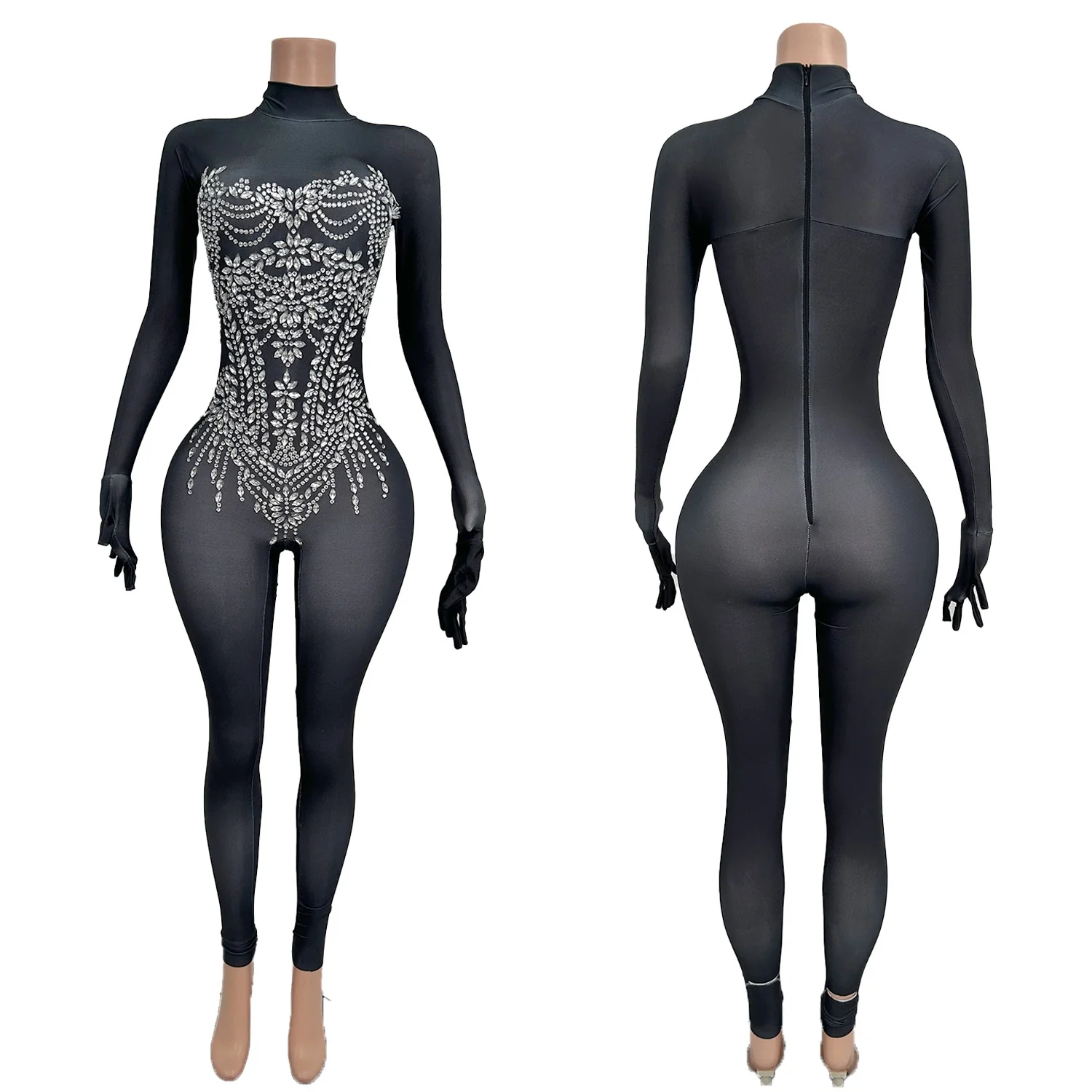 Sparkly Rhinestones Spandex Elastic Jumpsuit Gloves Women Sexy Stage Performance Show Dance Costume Tight Fitting Outfit Zhubao