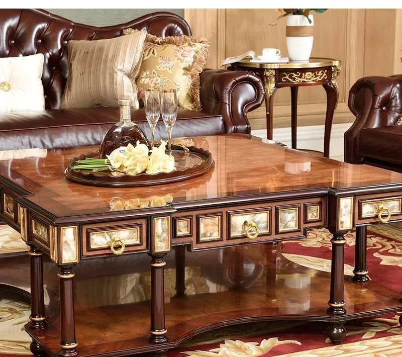 English La Casa solid wood coffee table, Alexander square large coffee table, neoclassical shell drawer copper coffee table