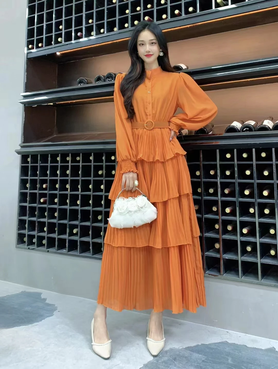 2024 New Spring Autumn Women Long Sleeve Belt Slim Long Dress High Quality Sweet Pleated Cake Hem Evening Party Dress