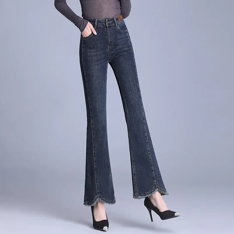 Raw edge micro-pulled women's pants spring high waist slim look tall look slim all match fishtail flared jeans