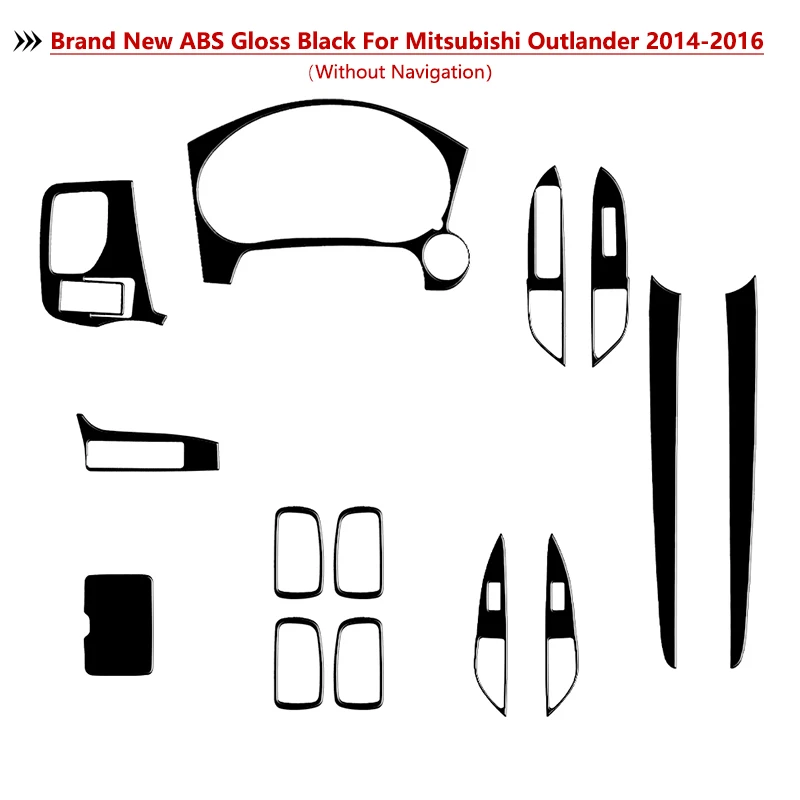 For Mitsubishi Outlander 2014-2016 Brand New ABS Gloss Black Stickers Set 15Pcs Without Navigation Car Interior Accessories