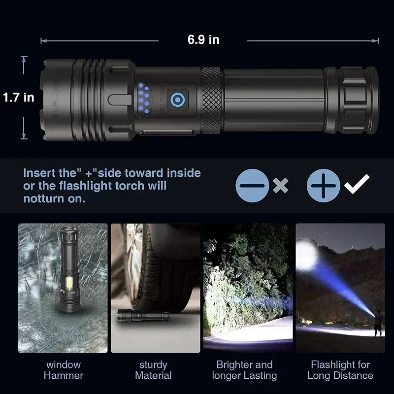 Powerful Led Flashlight XHP70 High Power Torch Light Usb Rechargeable Tactical Flashlight Use 26650 Battery COB Camping Lamp