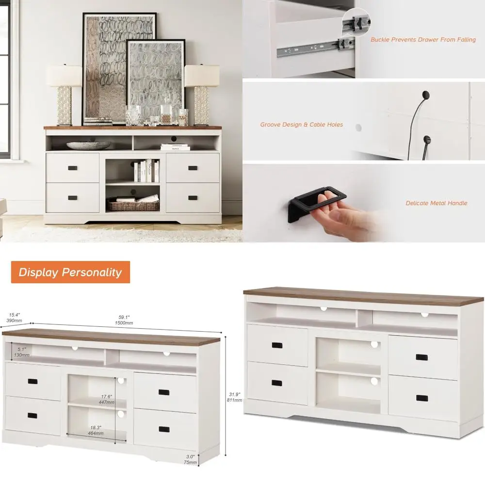 

Antique White Wood 65 Inch TV Stand with Drawers and Adjustable Shelves, Tall Entertainment Center