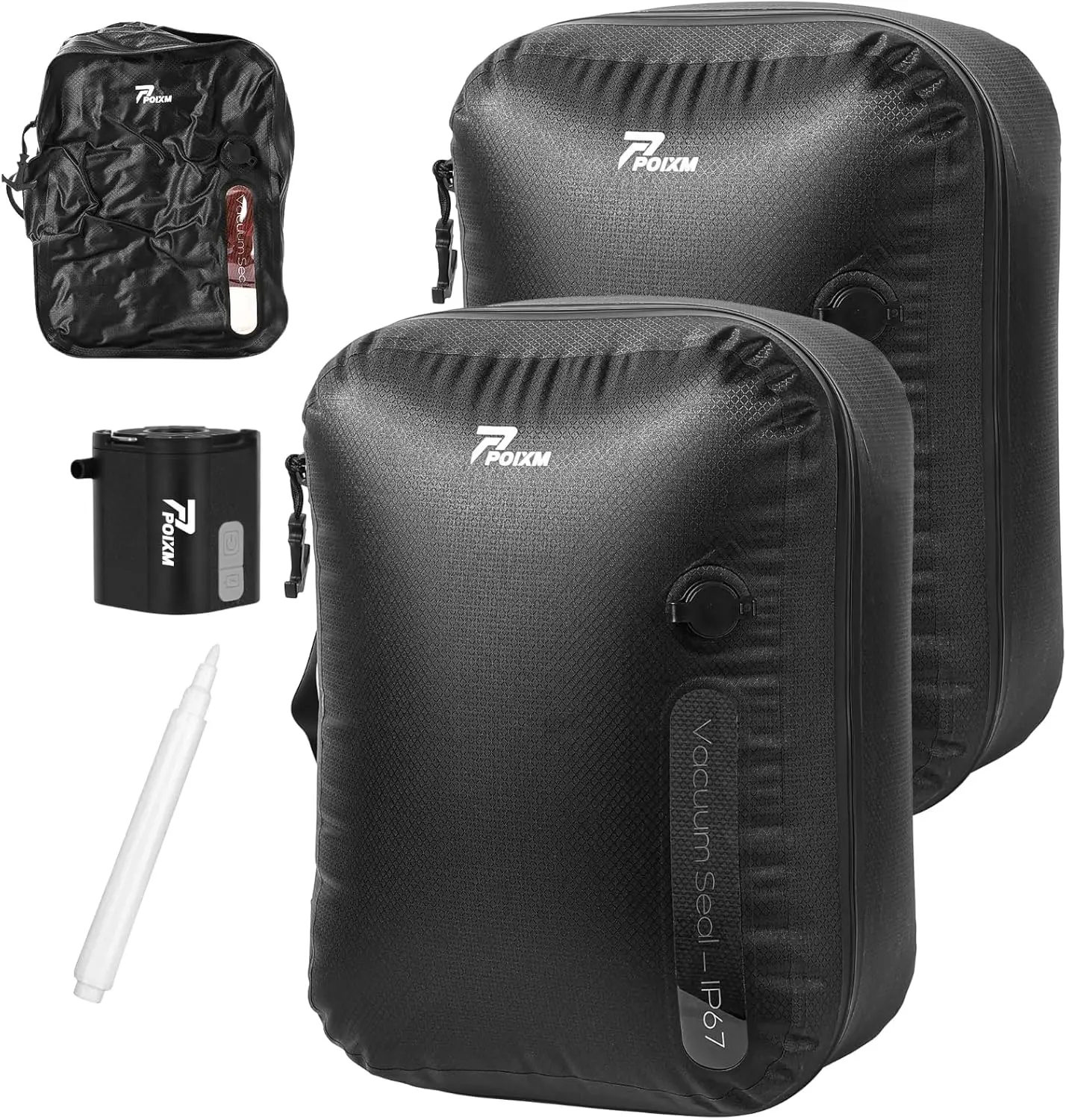 

Vacuum Bags for Travel with Wireless Pump, 180° Zipper, IP67 Waterproof, Reusable Compression Storage (2 Pack + Pump)
