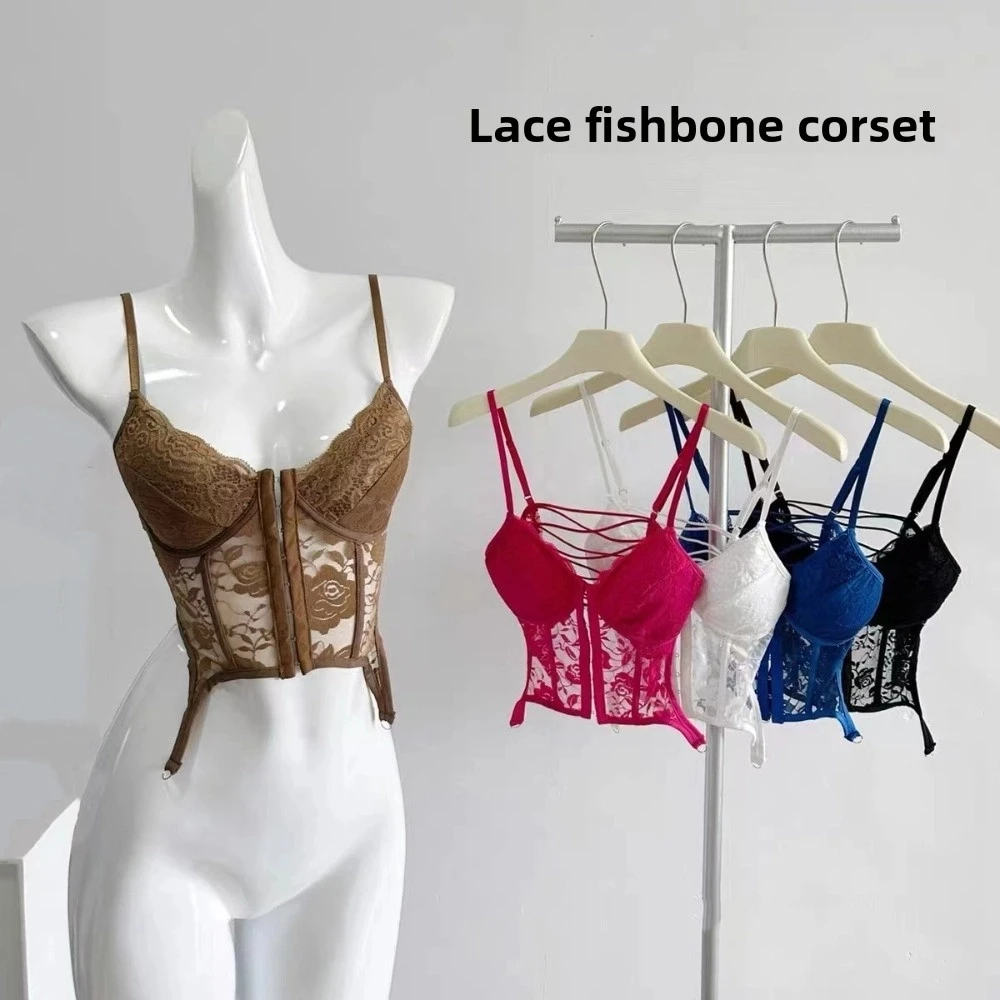 

Spicy Girl Style Hollow Lace Camisole Transparent Square V Neck Crop Tops Sleeveless Tanks Suspender Vest Ladies