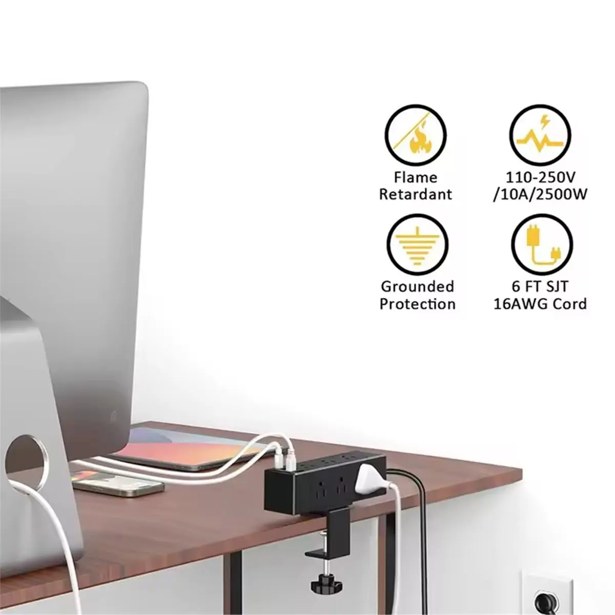 

Новая настольная розетка-станция 2026 года с американской вилкой, 20 Вт, 4 USB-порта. Удлинитель-разветвитель на 9 розеток с защитой от перенапряжения и выключателем, крепление на стол, белый