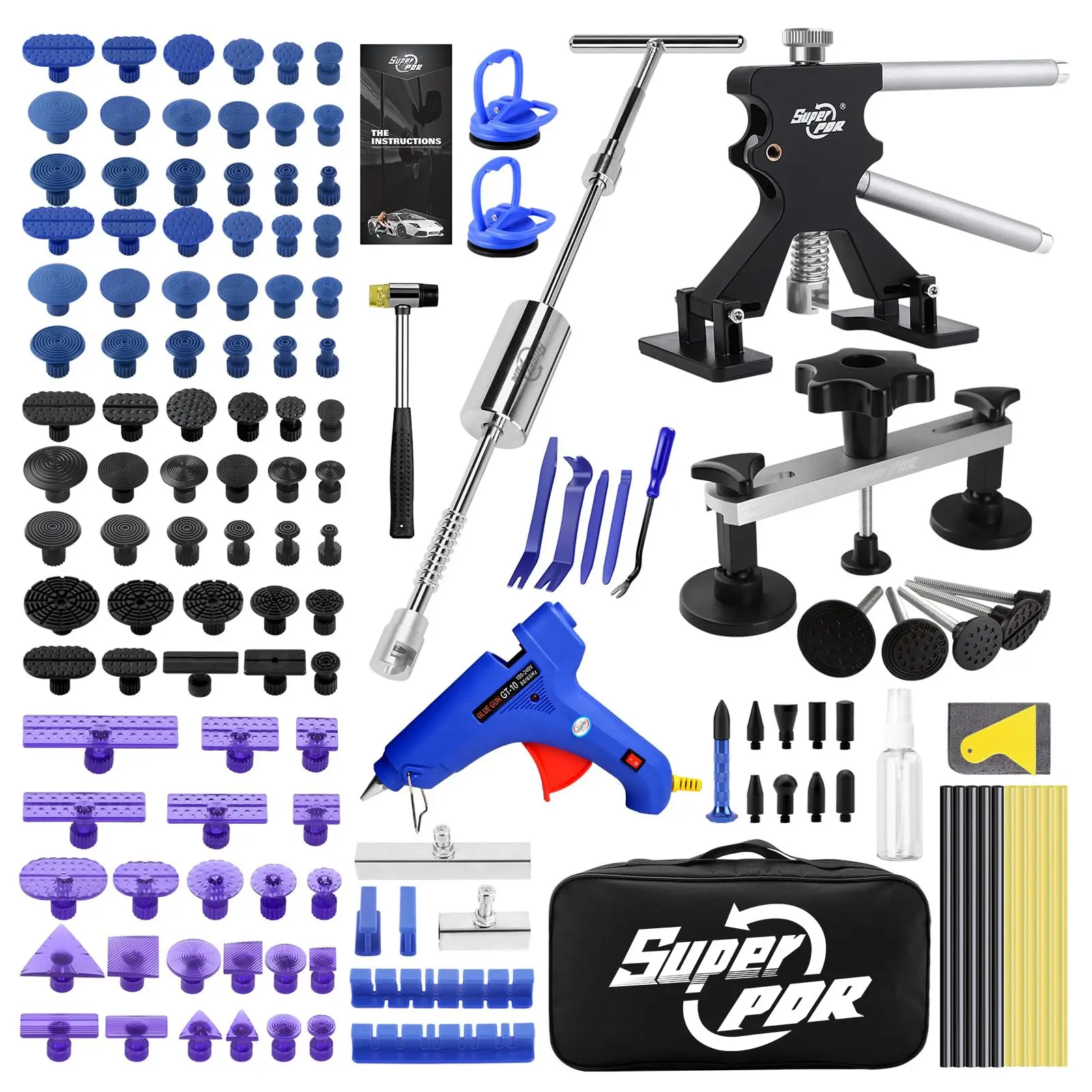 Super PDR Car Dent Repair Kit Paintless Dent Puller Tool Set with 2 in 1 Slide Hammer Glue Gun New GlueTabs No Paint Damage DIY