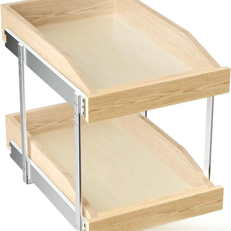 

Wooden two-layer storage rack Creative sliding cabinet finishing rack Kitchen double-layer condiment Solid wood