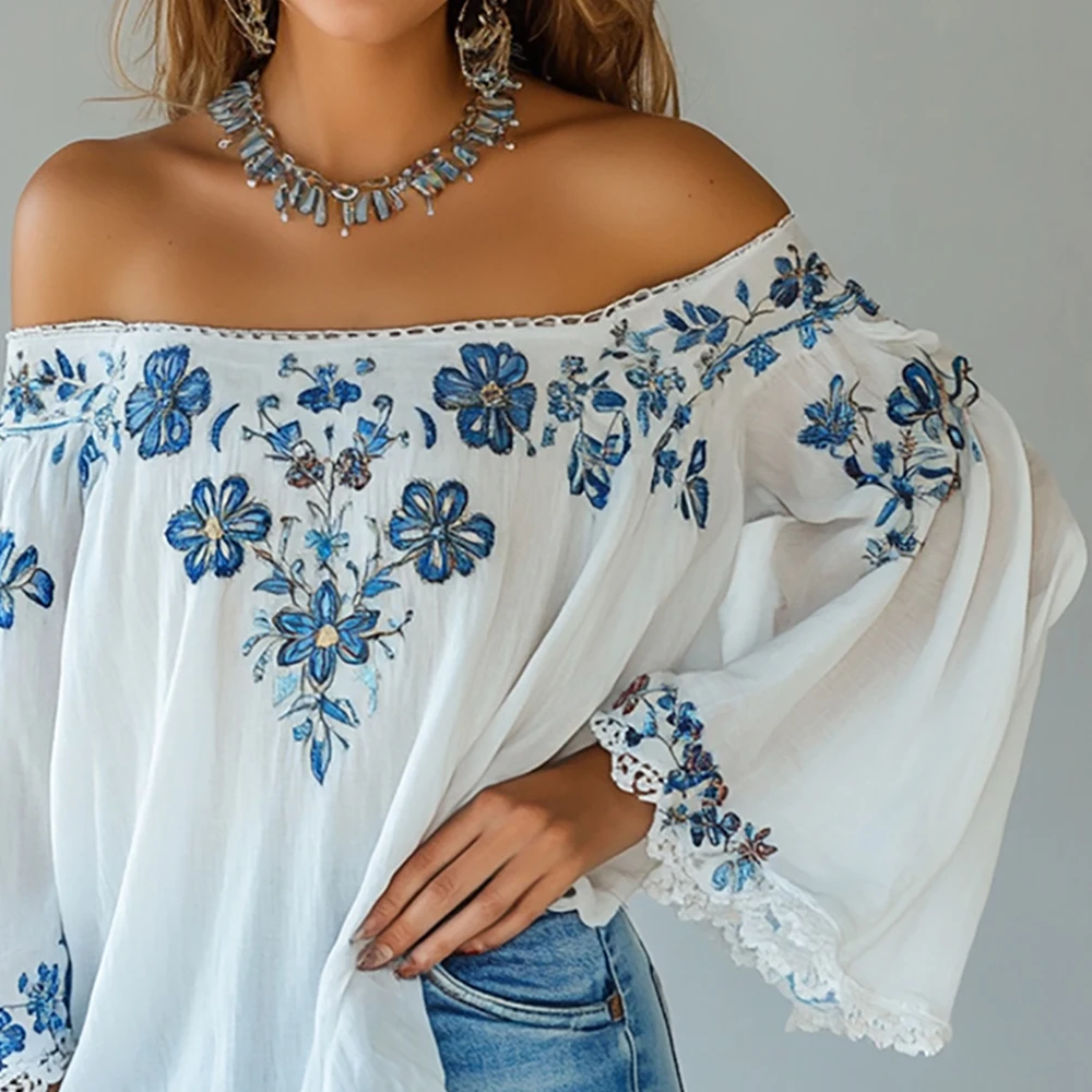 Women's Elegant Off-Shoulder Floral Printed Blouse Long Flared Sleeves Loose Lace Tassel Fashion Autumn Female Casual Blouses