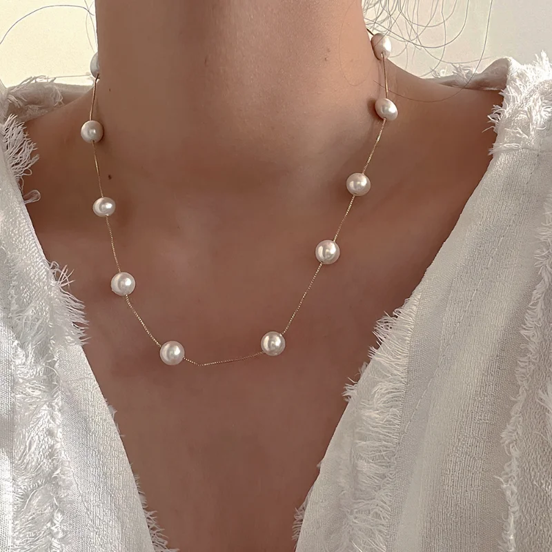 ALLNEWME Simple Round Simulated Pearl Charm Necklaces for Women Female Gold Box Chain Choker Necklace Wedding Bridal Jewelry