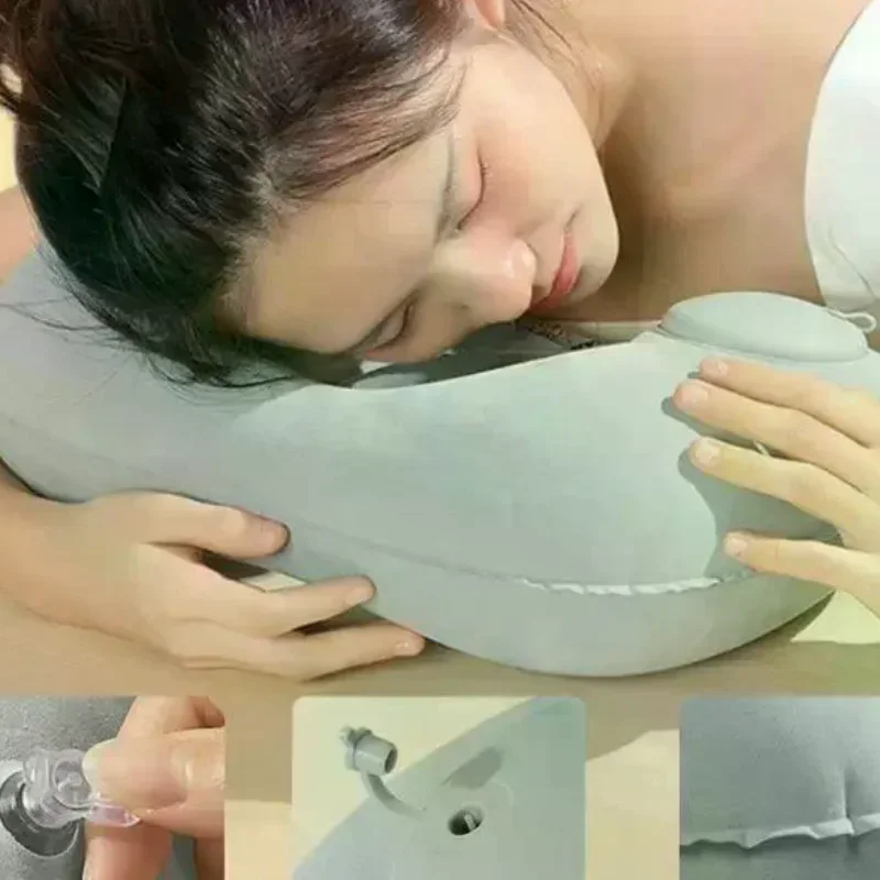 Flocking Inflatable Portable Neck Pillow That Can Be Stored And Self Filled Suitable For Outdoor Travel Business Trips Camping