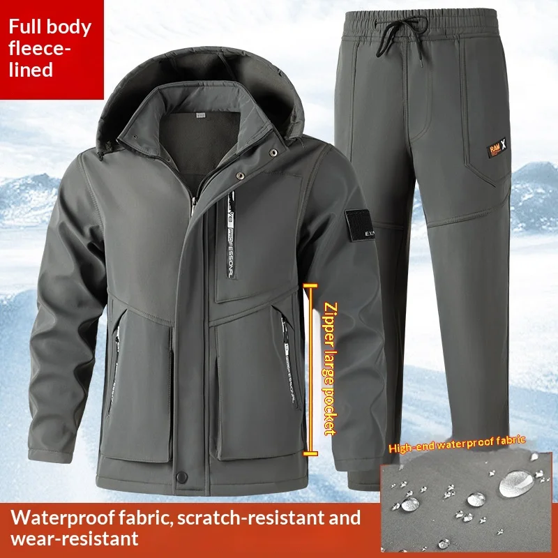 Men's Winter Jacket with Plush and Thickened Windproof Cold Proof Warm and Waterproof Work Clothes Set Outdoor Work Clothes