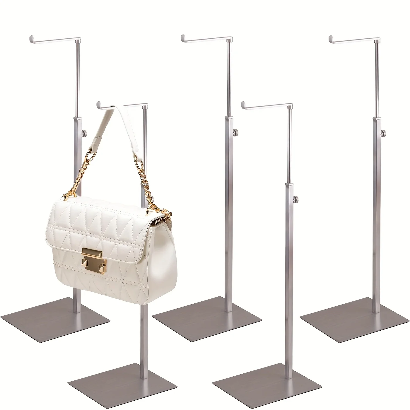 

5 Stainless Steel Handbag Display Stands with Silver Wallet Hooks, Featuring Adjustable Height and A Sturdy, Non-slip Base.