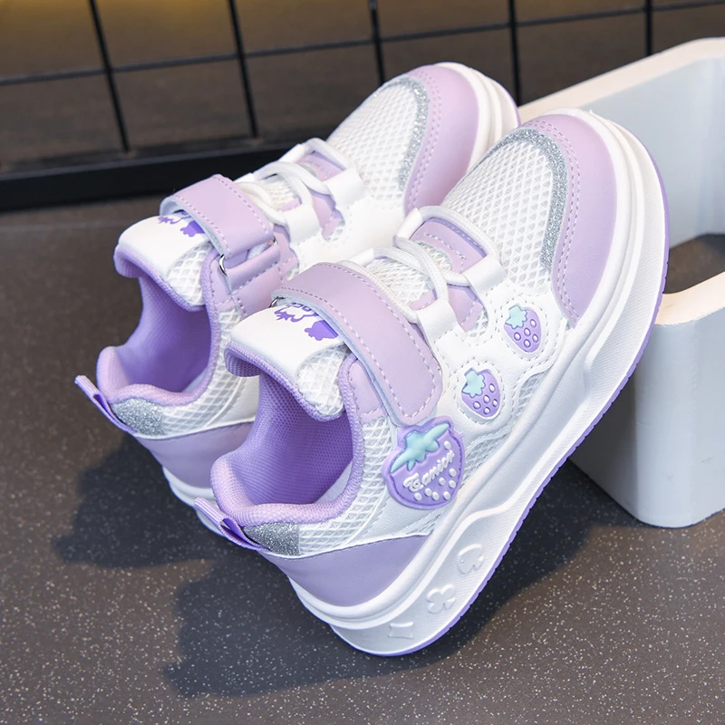 Girls Mesh Skate Shoes Lovely Strawberry Magic Tape Thick Sole Breathable Children Casual Sneakers