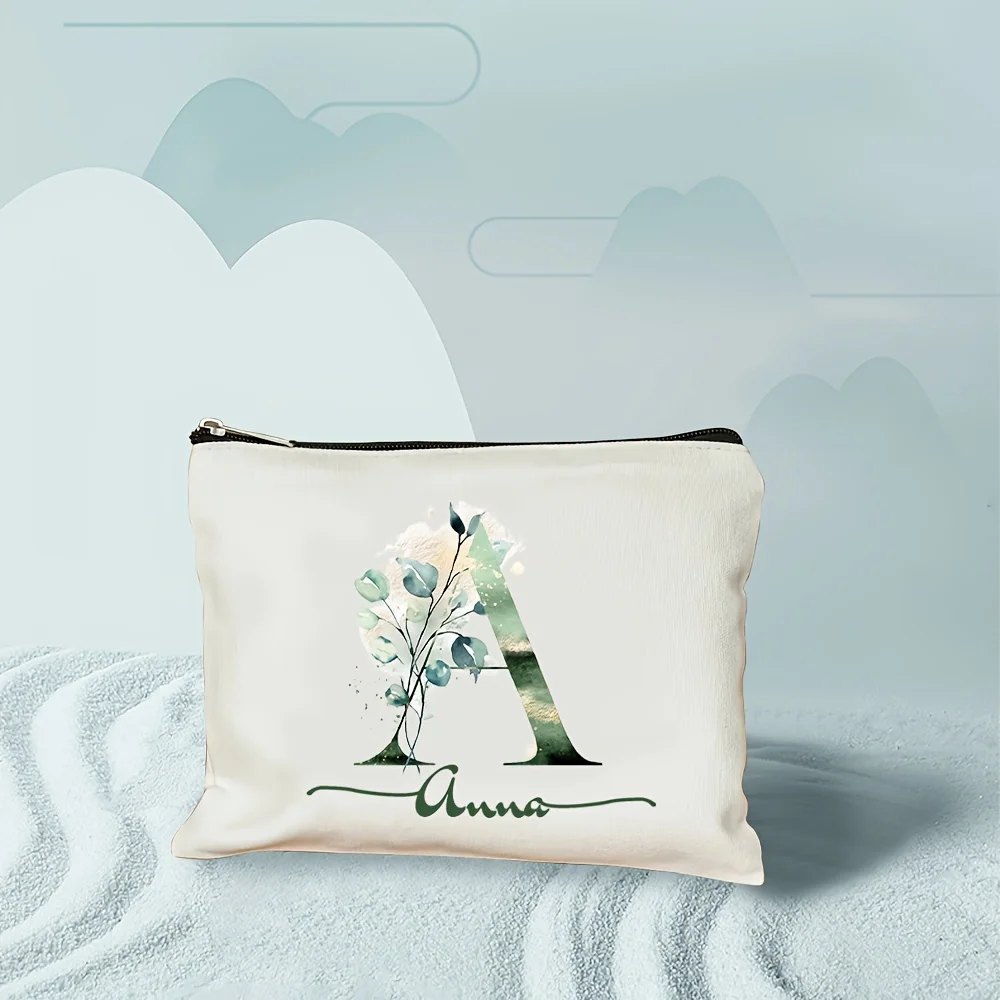 Bolsa de Maquillaje Personalizada Verde Rosa con 26 Letras, Simple y Elegante, Regalo para Fiestas, Exquisita Bolsa de Viaje con Cierre