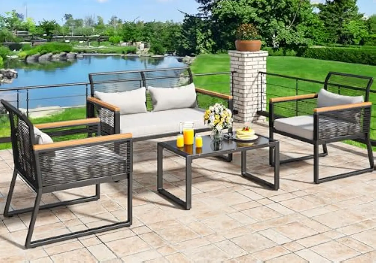 

YITAHOME Patio Furniture Wicker Outdoor Bistro Set, 4-Piece All Weather Rattan Conversation Sets for Backyard, Balcony and Deck