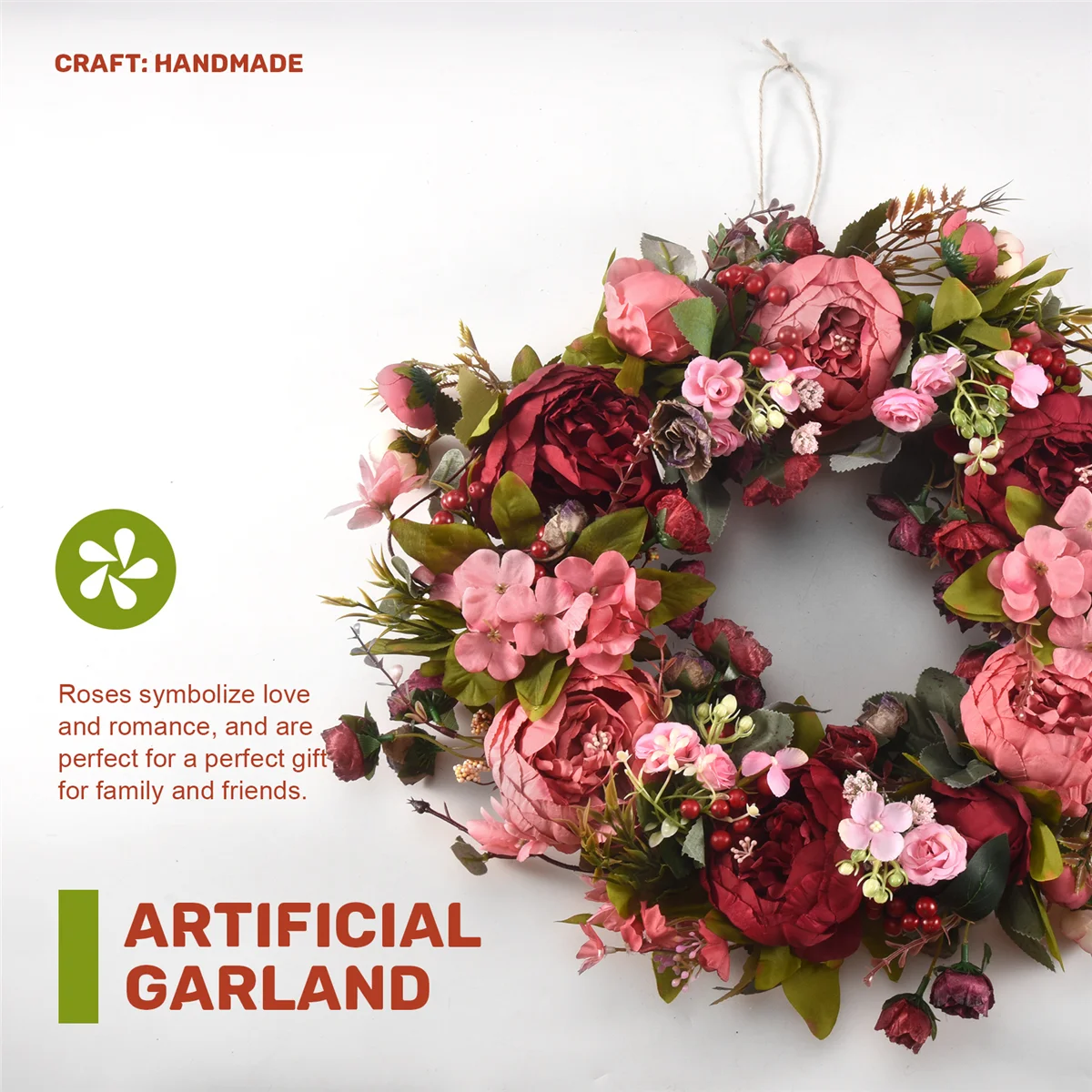 ABEZZ Decorative Door Wreath,Silk Flower Peony Head Flower Wreath 40cm Handmade Garland for Autumn Winter Outdoor Display Red