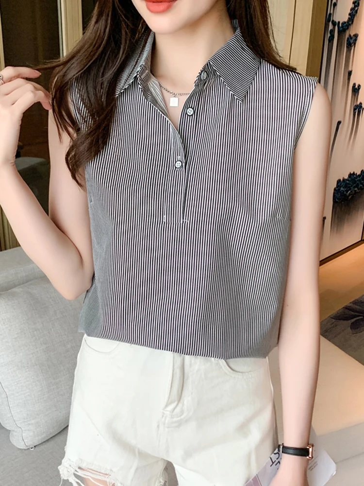 2024 Summer Sleeveless Blouse Women Casual Striped Shirts Blouses Female Blusas Casual Ladies Office OL Blouses Basice Tops