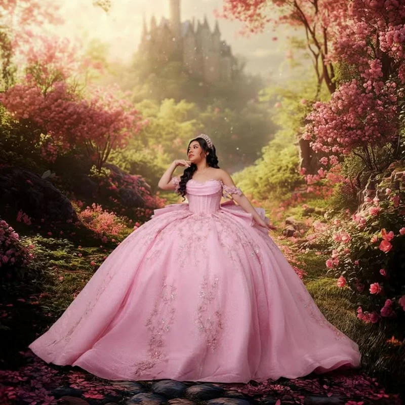 

Customized Shiny Pink Quinceanera Dresses Off the Shoulder sequin applique Long tail 3D flower Bow Vestido 15 Quinceanera