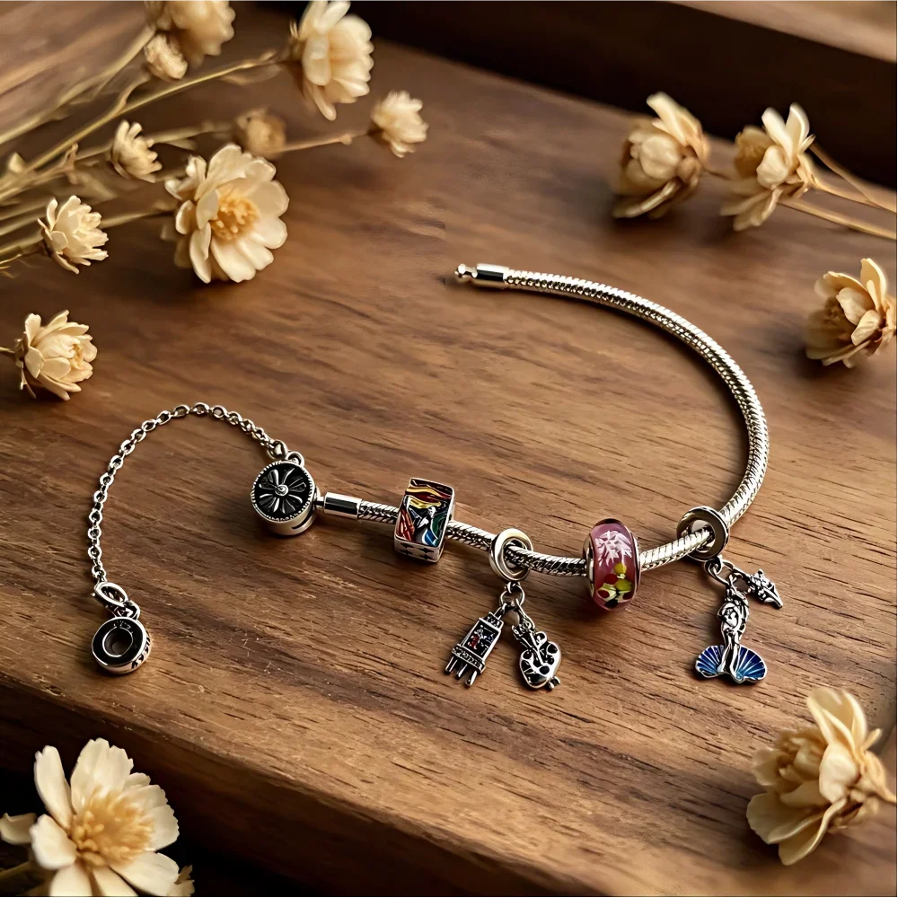 925 Silver Colored Beads Drawing Board Pigment Vienna Painting Charms Pendant DIY Original Fine Bracelet Jewelry Gift with Box