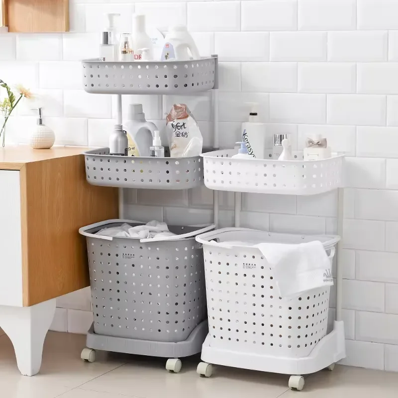Multifunctional Storage Trolley Bathroom Rack Plastic Laundry Basket