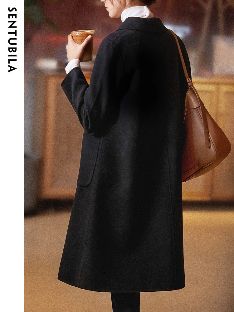 SENTUBILA 100% Wool Long Coat for Women 2024 Autumn Winter Luxury High Quality Lapel Long Sleeve Straight Woolen Jacket Overcoat