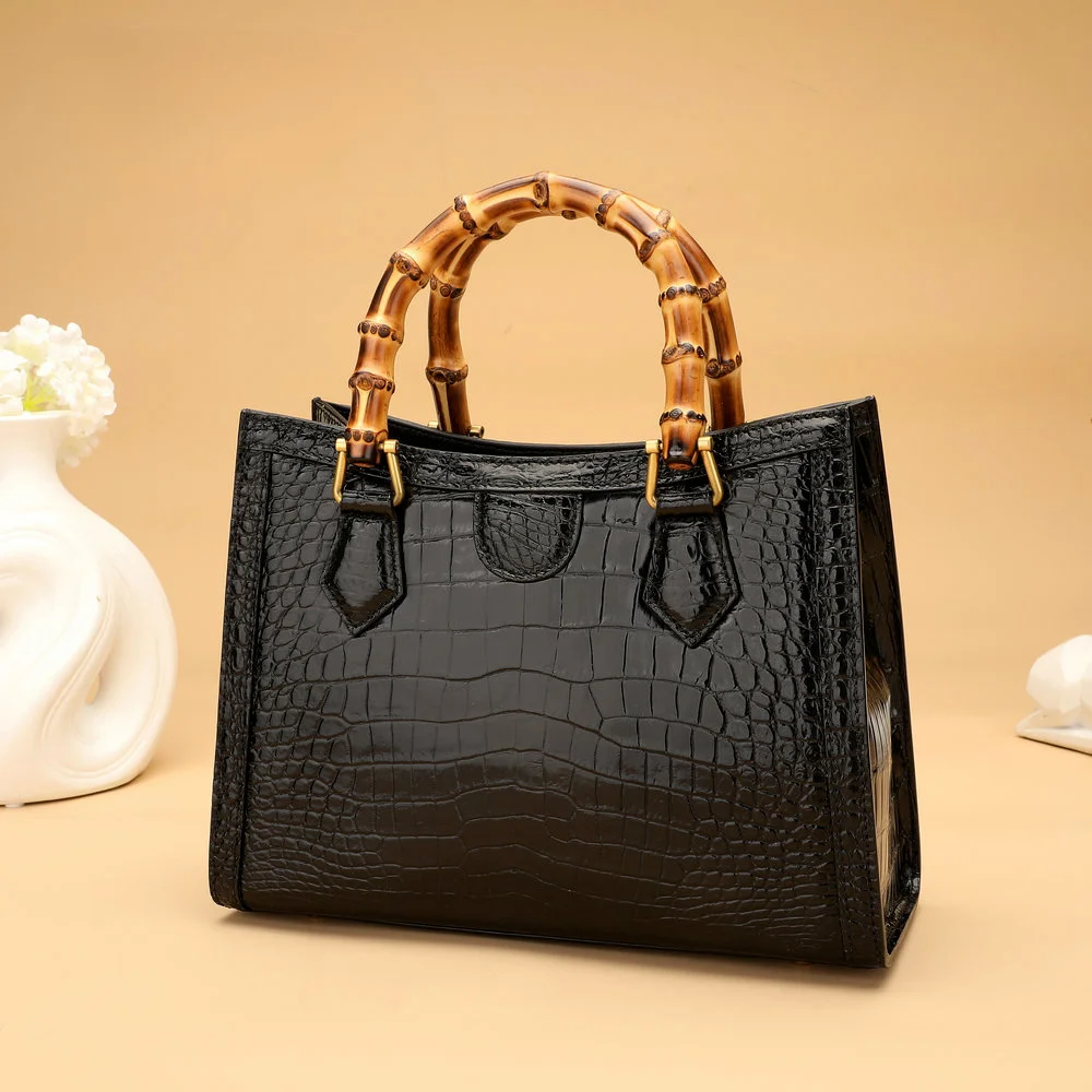 New Siamese Crocodile Chinese Characteristics Classic Bamboo Handle Bag Women's Handbag Fashionable Leather Women's Sac Handbag