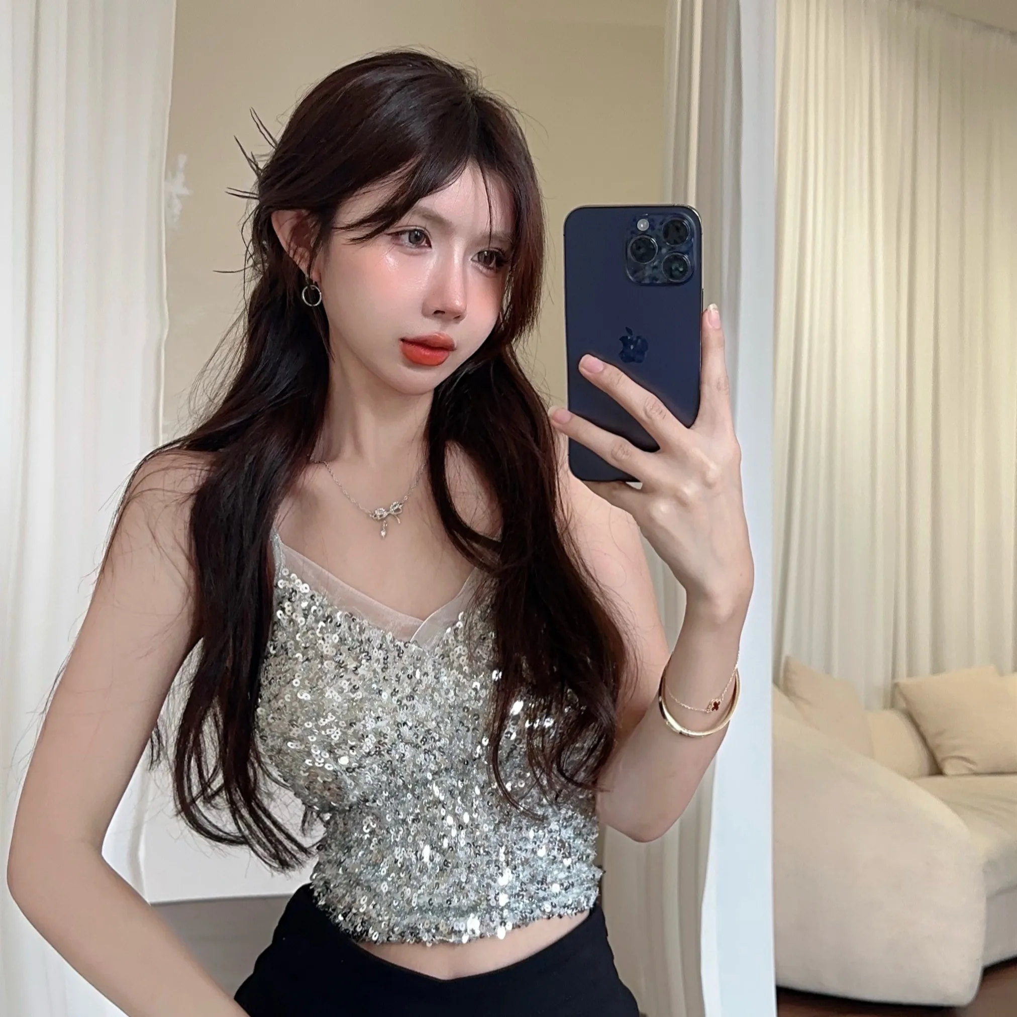 Women Sexy Sequin V-neck Suspender Vest  Backless Slim Tanks and Camis Strap Glitter Crop Top Fashion Camisole Dropship