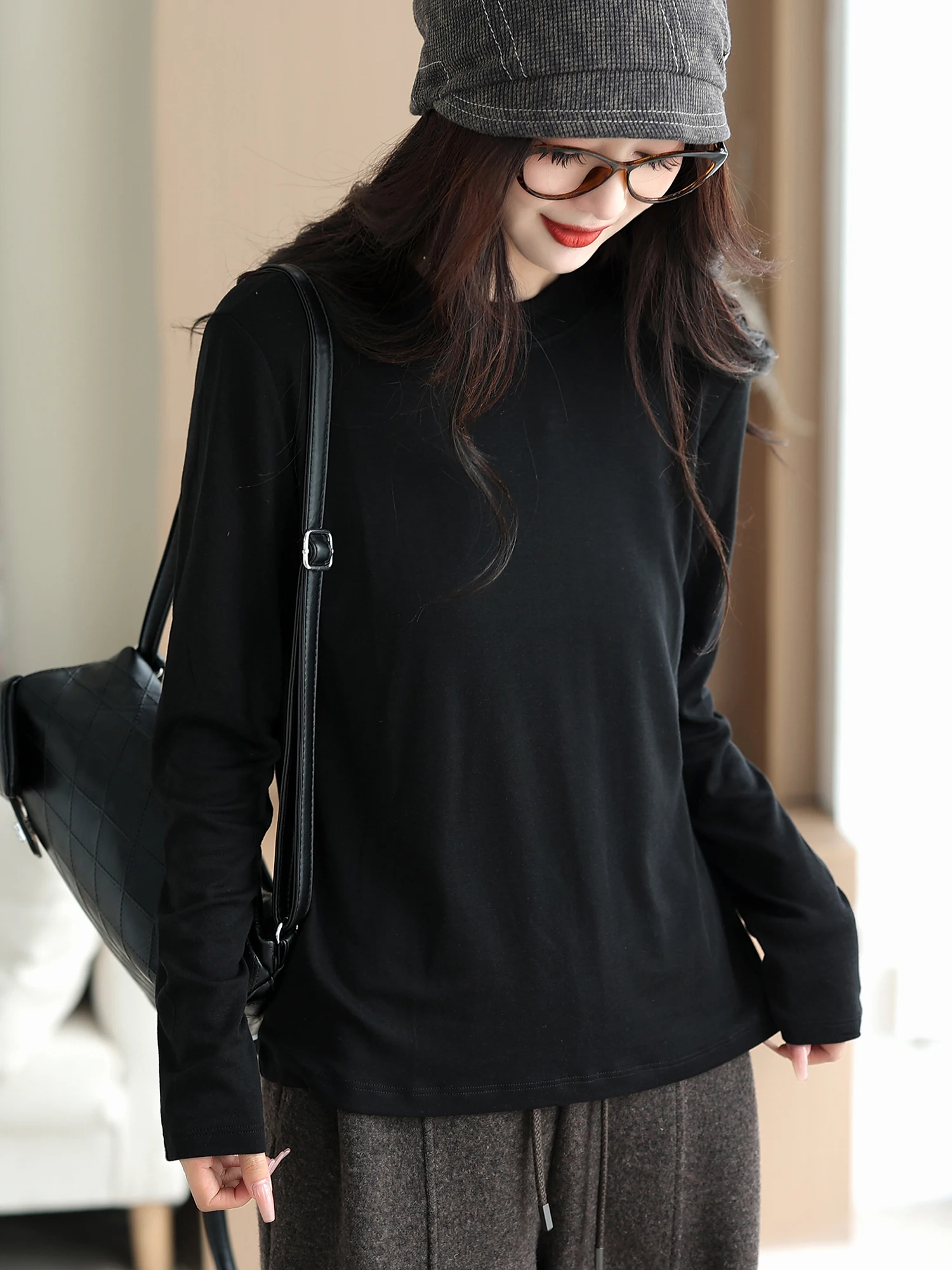 

Women's Wool Blend Base irt Loose round Ne Casual Sle Inner Wear Top Faionable Versatile Autumn New Arrival T-irt