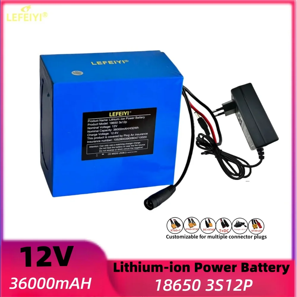 

100% new protection board 12V 3S12P, battery 12V, 36Ah, 12V, 3600mAh, 18650, DC lithium-ion battery 12.6V