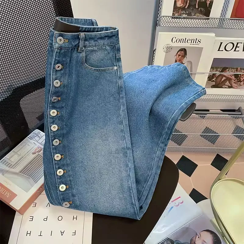 Retro Blue Straight Loose Jeans 2025 New Spring Autumn Multi Buttons Design Slim Wide Leg Denim Pants Female Trousers Streetwear