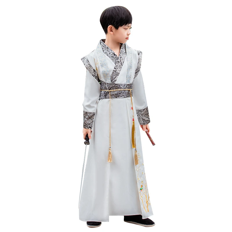 

Chinese Traditional Clothing Improved Tang Costume Cross Neckline Wide Sleeved Waistband Design Hanfu Suit for Boys in Autumn