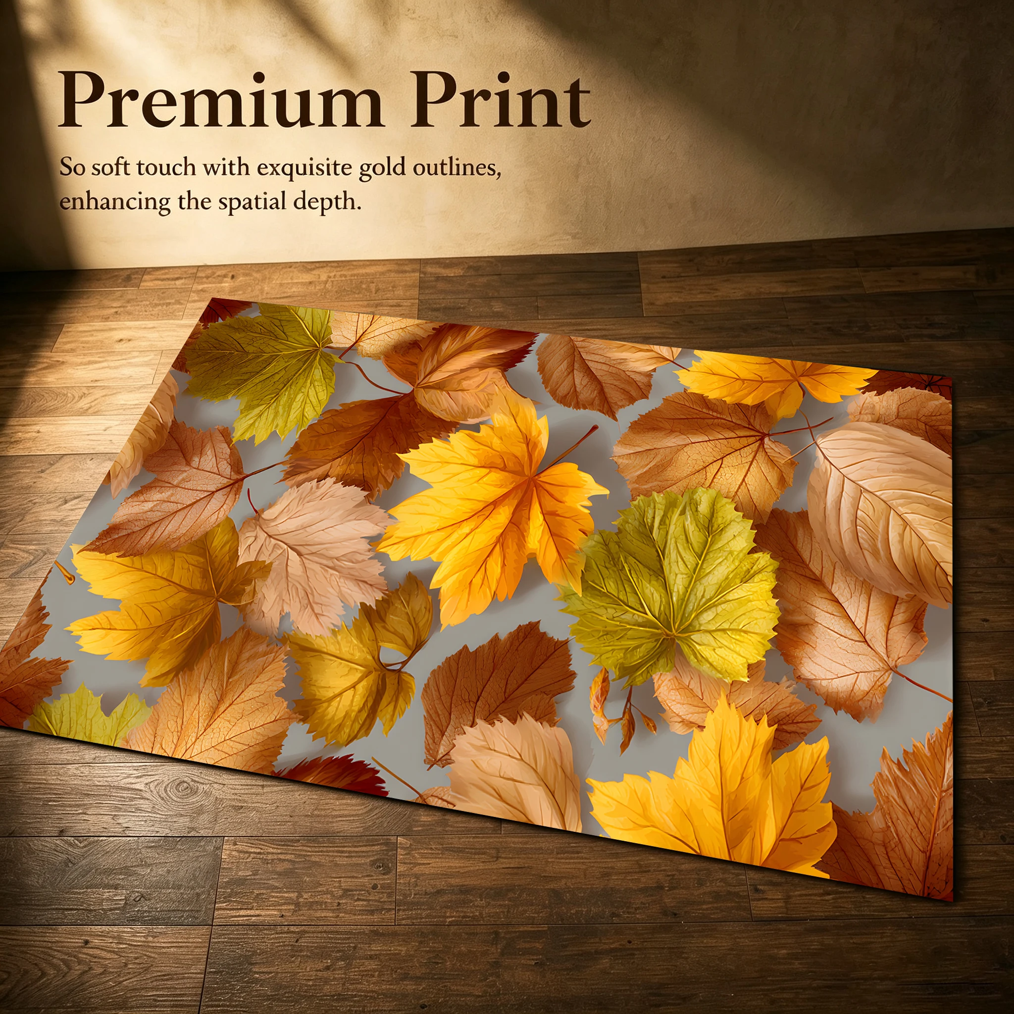 Scattered Colorful Autumn Leaves Create a Naturally Calming Atmosphere in the Living Room, Bedroom, and Entryway A Velvet Rug Adds a Warm, Autumnal Feel.