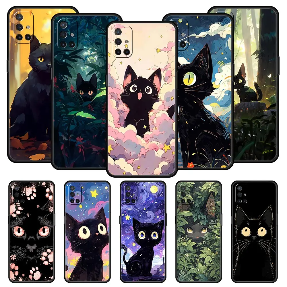 Phone Case For OnePlus 12 11 10 9 Pro 9T 12R 10R 9R 9RT 10T 8T 8 7 6T 7T Nord 2T CE 2 5G Cover Artistic Black Cat Starry Night