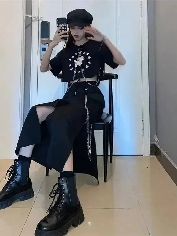 2025 New Spring Autumn Women Skirt Fashion Korean Style Black Long Skirts With Chain Side Slit Hip Hop Streetwear Plus Size 5MQY