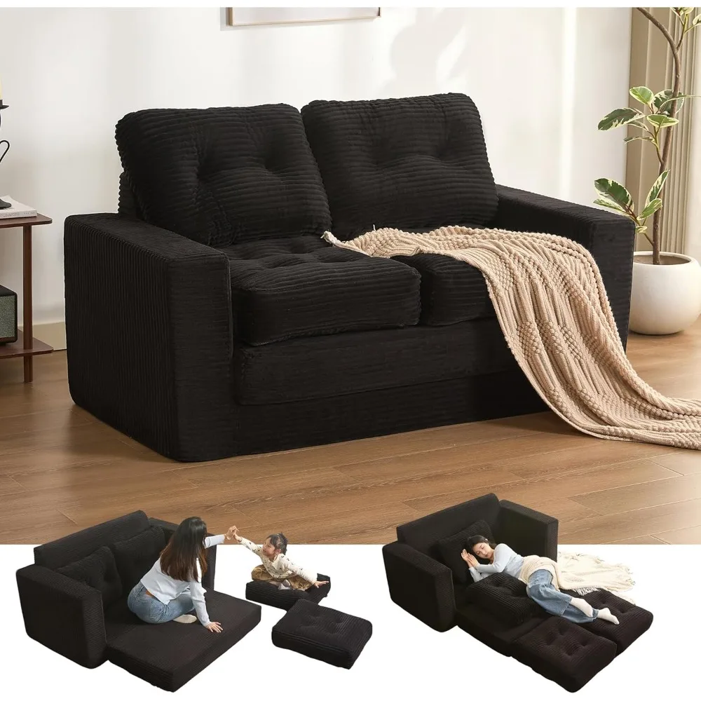 

61" Corduroy 3-in-1 Convertible Sofa Bed - Pull Out Sleeper with Futon & Pillows