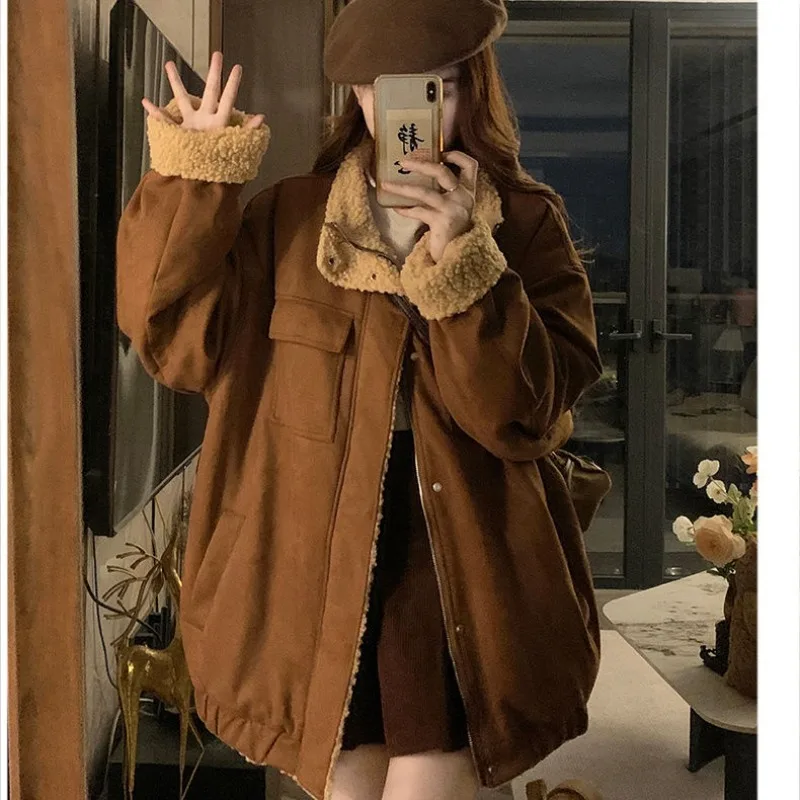 American New Fashion Deerskin Cashmere Lambswool Coat Women Winter Retro High Sense Plus Velvet Padded Coat Cotton-padded Jacket