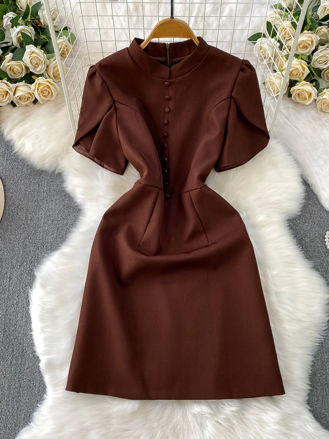 Retro Ele Stand Collar Bubble Sve Dr Mujer Otoño Invierno Adelgazante Envoltura alrededor de cintura alta Abotonada Ci Commute D...