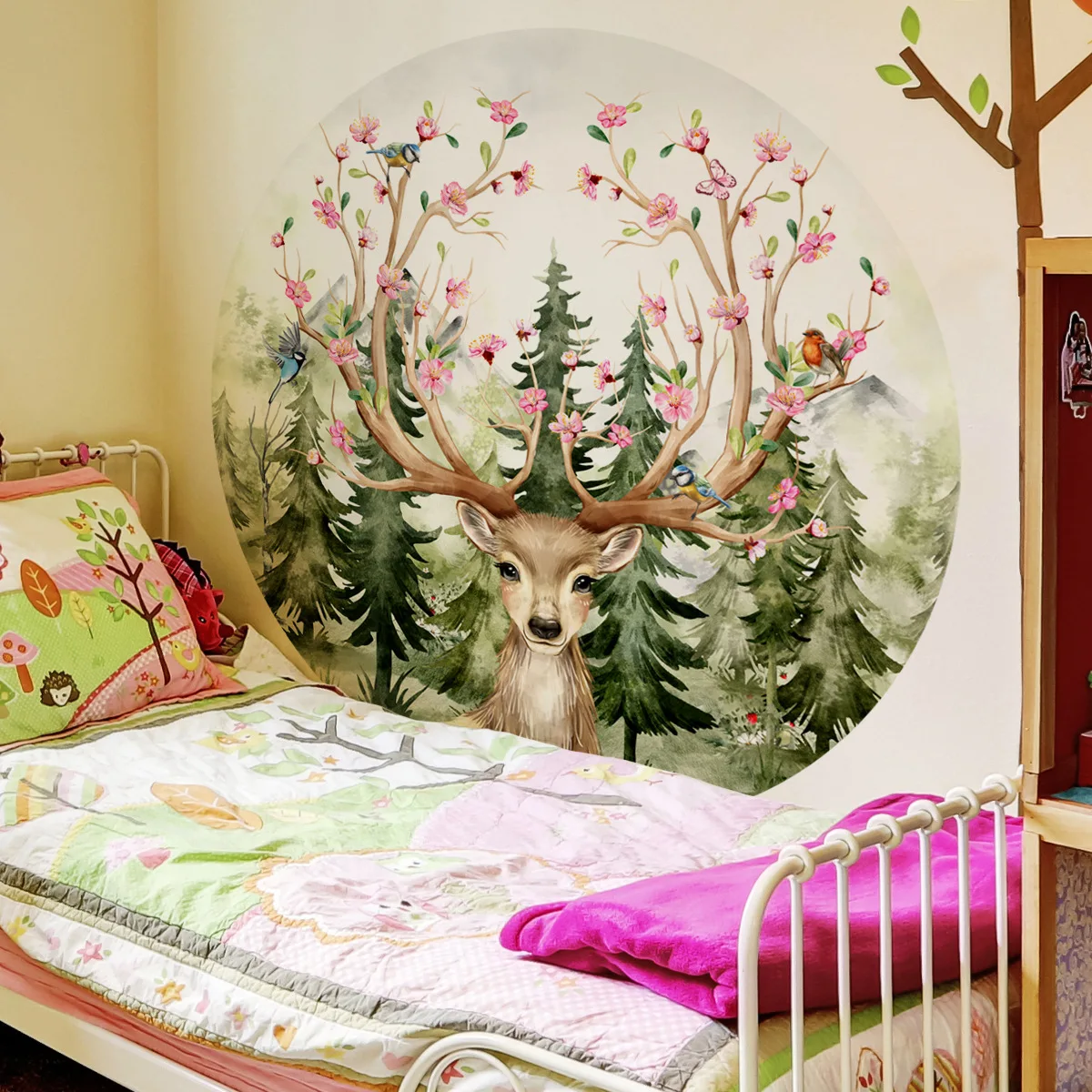 Deer Head with Tree Branches Flowers Birds Wall Stickers Kids Babies Room Nursery Decor Self-adhesive Mural Poster Round Forest