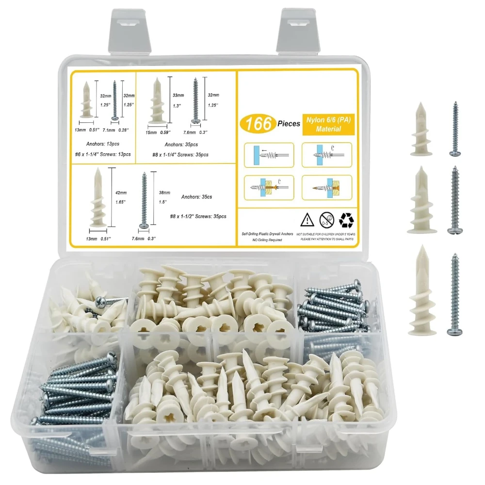 166pcs Gypsum Board Expansion Screws 32mm 33mm 42mm Nylon Expansion Anchor 32mm 38mm Steel Self-tapping Screws Combination Box