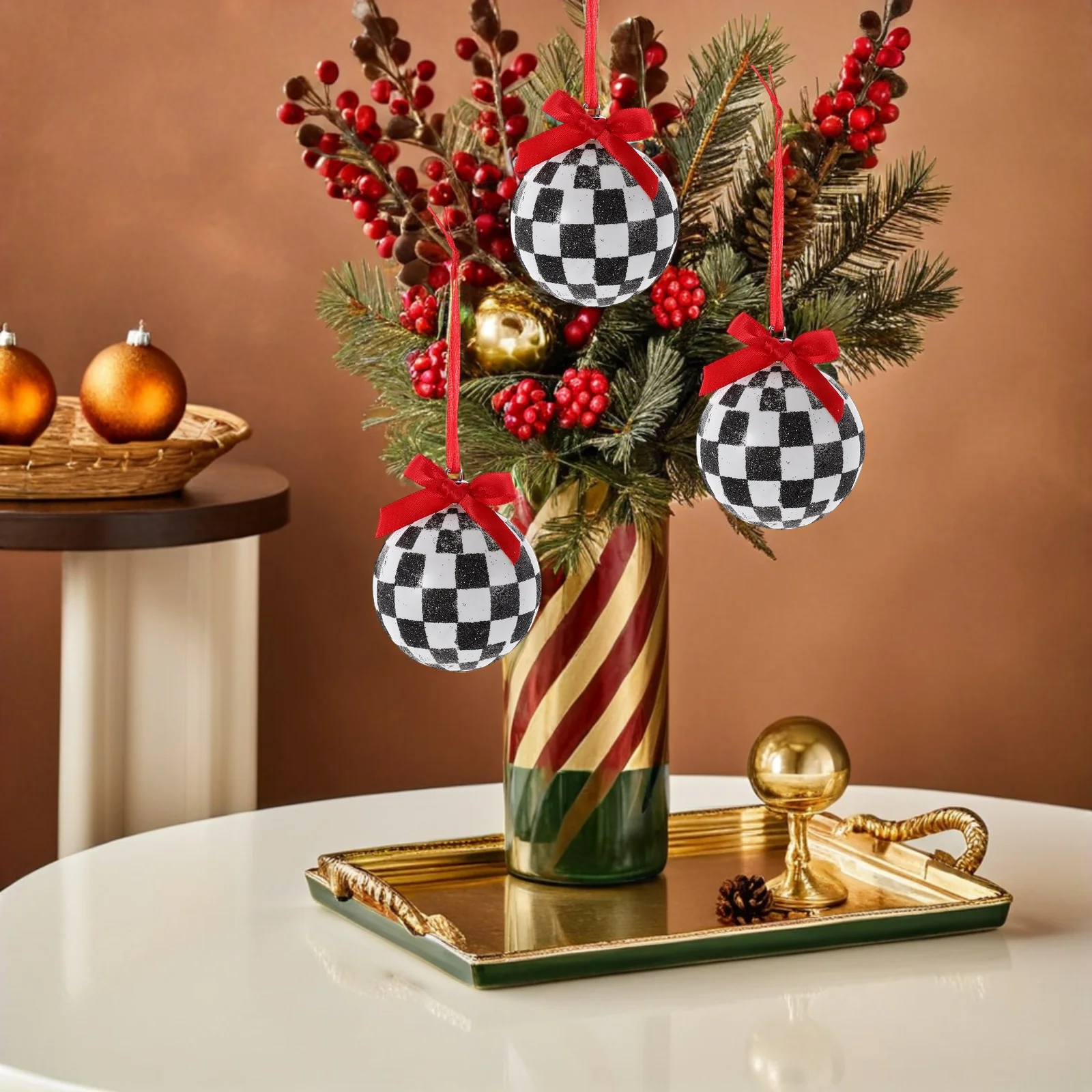 

Black White Checkered Ornaments Christmas Ball Baubles Glitter Decorations Tree Balls Accessories