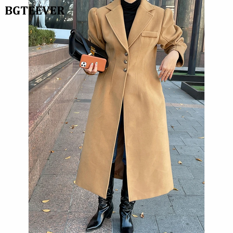 

BGTEEVER Vintage Loose Female Single-breasted Woolen Jackets Long Sleeve Winter Elegant Thicken Warm Ladies Solid Blend Coats