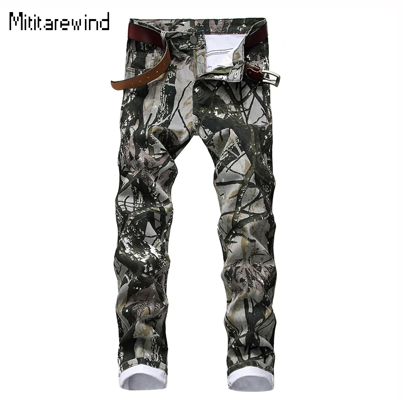 Skinny Jeans for Men Forest Hunting Stretch Printed Jeans 99% Cotton Mid Waist Casual Pencil Denim Pants Personality Men's Jeans