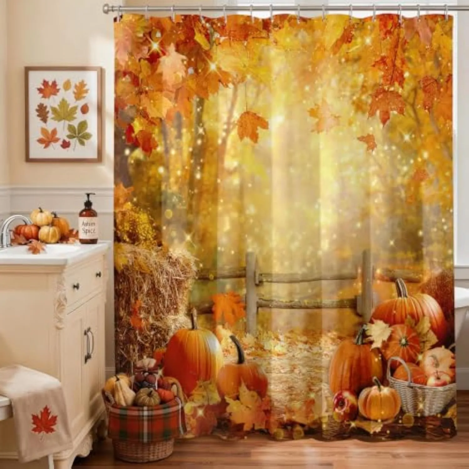 Fall Shower Curtain Pumpkins Autumn Leaves Bathroom Shower Curtain Fall Waterproof Fabric Shower Curtains Bathtub Decor